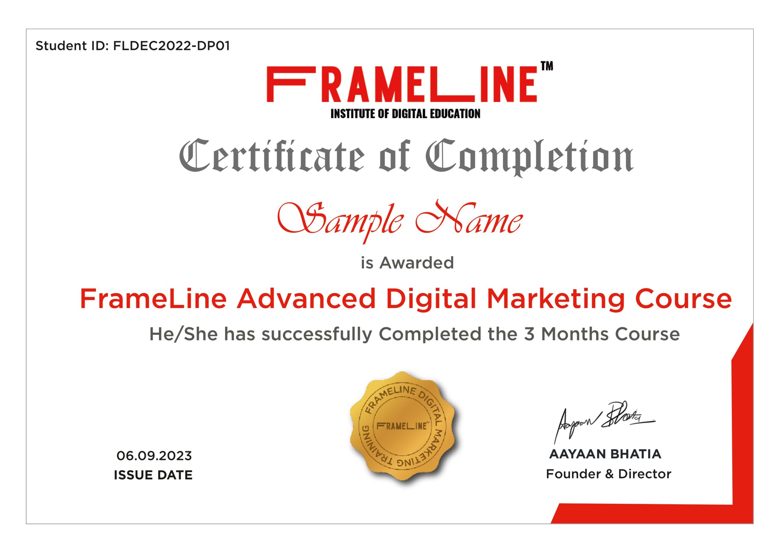 Certificate of Completion for a digital marketing course from FrameLine Institute, featuring elegant fonts, a gold seal, and a signature.