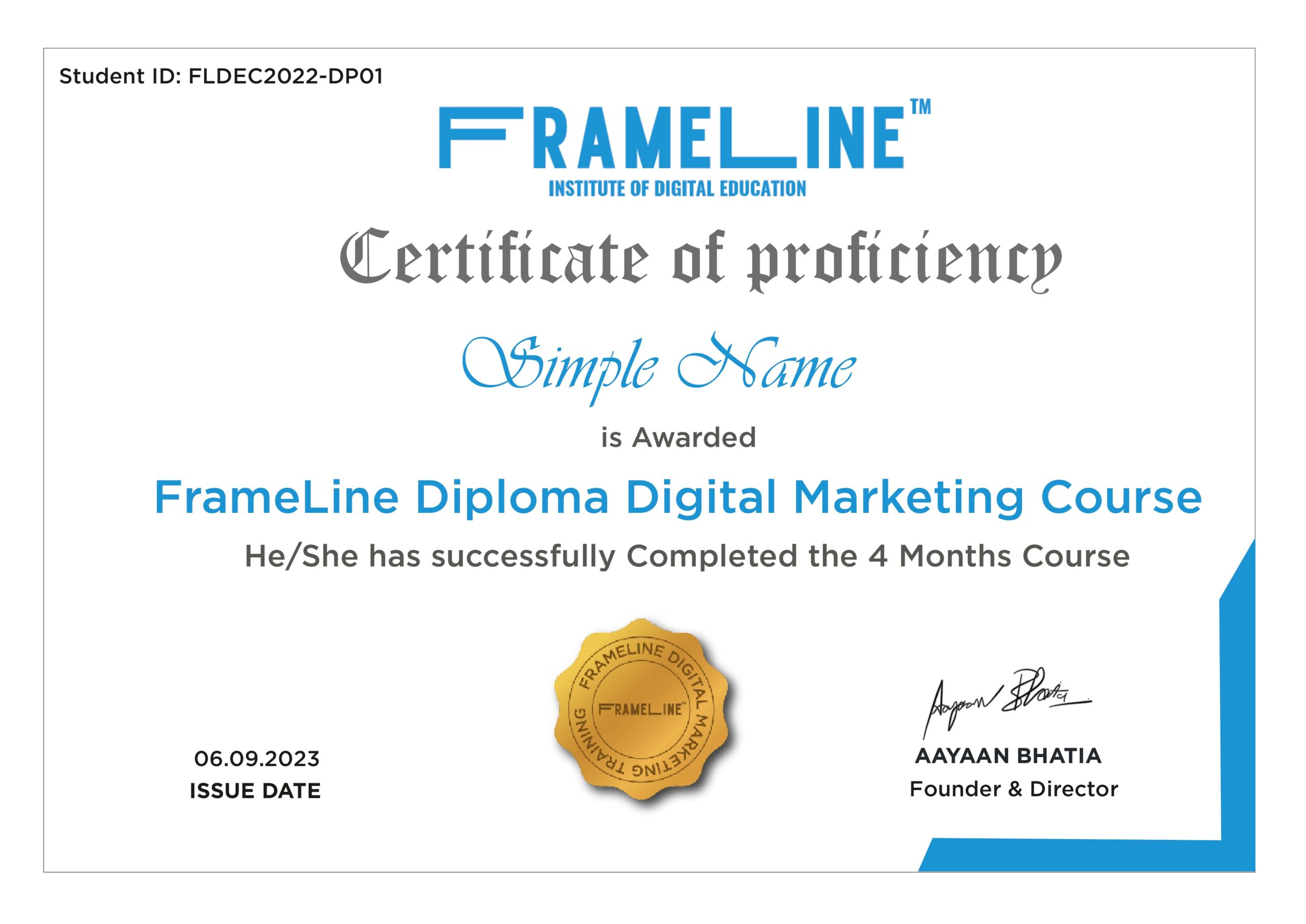 Certificate of proficiency awarded to "Simple Name" for completing the FrameLine Diploma in Digital Marketing.