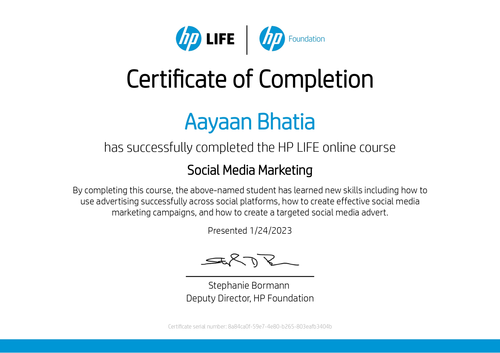 Certificate from HP LIFE Foundation awarded to Aayaan Bhatia for completing a Social Media Marketing course, dated 1/24/2023, signed by deputy director.