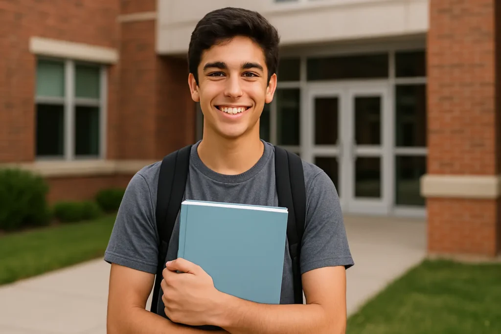 A student wearing a grey t-shirt and backpack stands outside a brick school building, holding a blue book close to their chest—representing enthusiasm and readiness to pursue a digital marketing course after 12th.