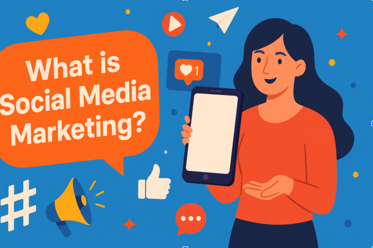 A woman holds a tablet, surrounded by social media icons like a hashtag, heart, and megaphone. Text reads "What is Social Media Marketing?" in an orange speech bubble on a blue background.