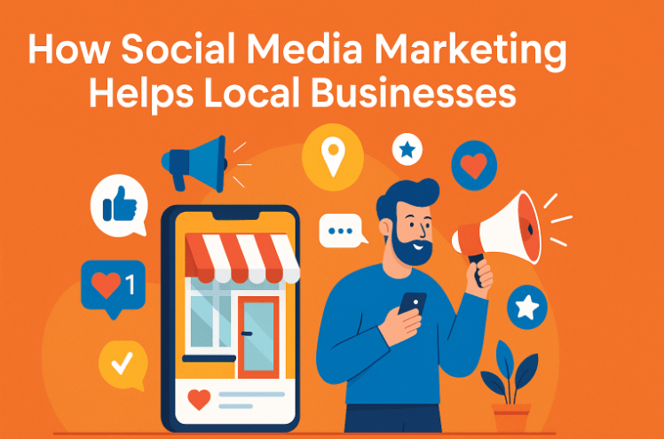 A man holds a phone and a megaphone, symbolizing social media marketing's impact on local businesses, with colorful icons in the background.